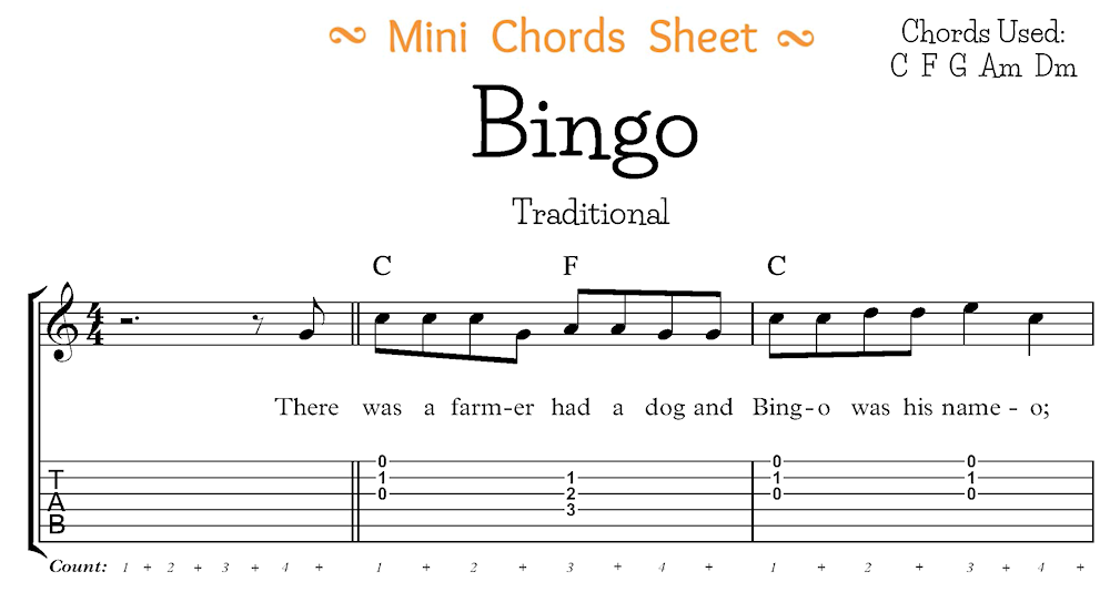 Bingo Mini Chord Sheet Segment
